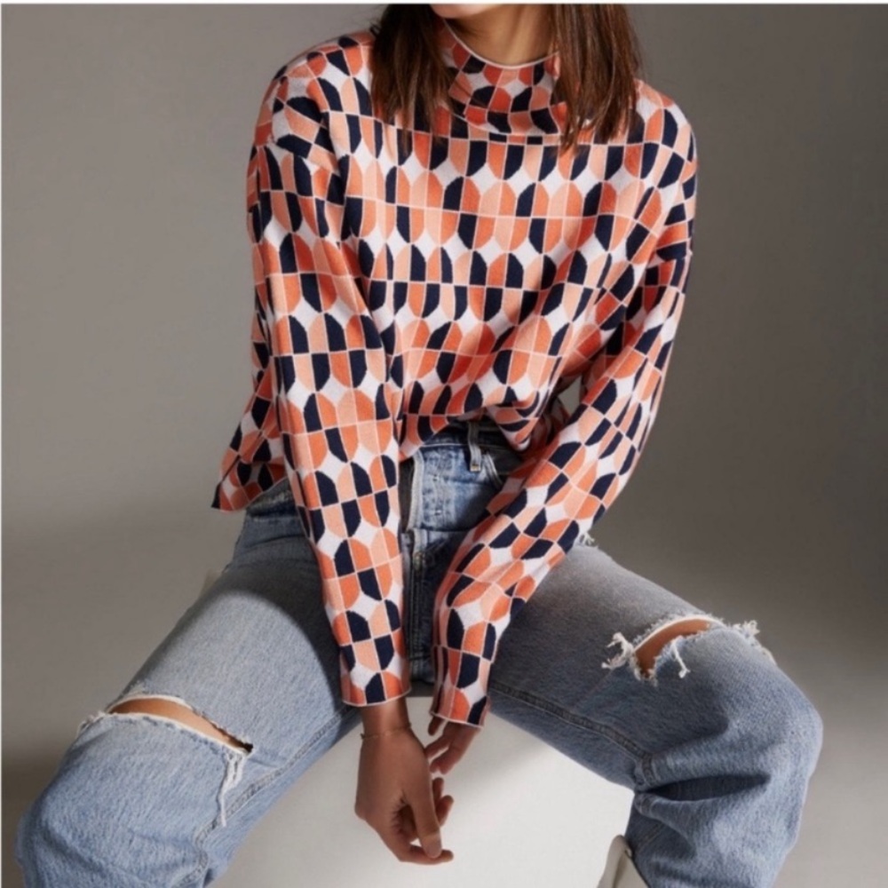 Anthropologie Maeve Size XL Peach Orange Carys Geometric Mock Neck Sweater